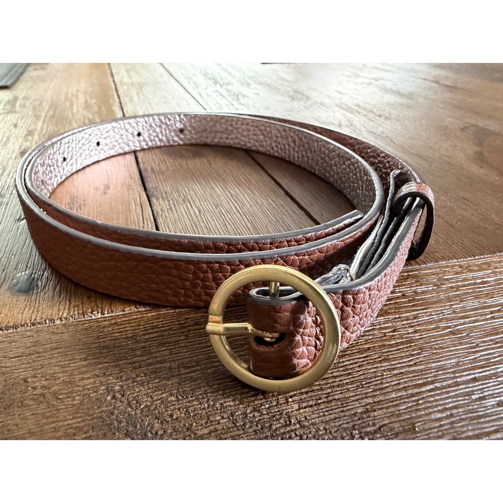Boden Womens Tan Brown‎ Pebbled Leather Slim Belt Gold Round Buckle Size S A0294